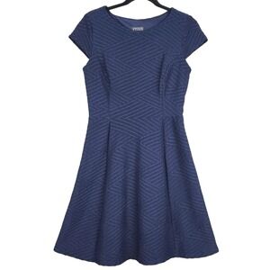 Enfocus Studio Navy Blue Fit and‎ Flare Dress Cap Sleeve Textured Geometric SZ 8
